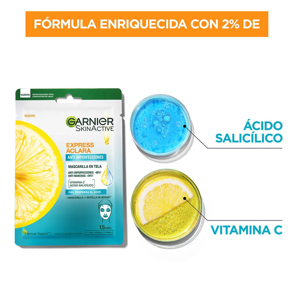 Imagen Ingredientes de la mascarilla en tela: ácido salicílico y vitamina C.